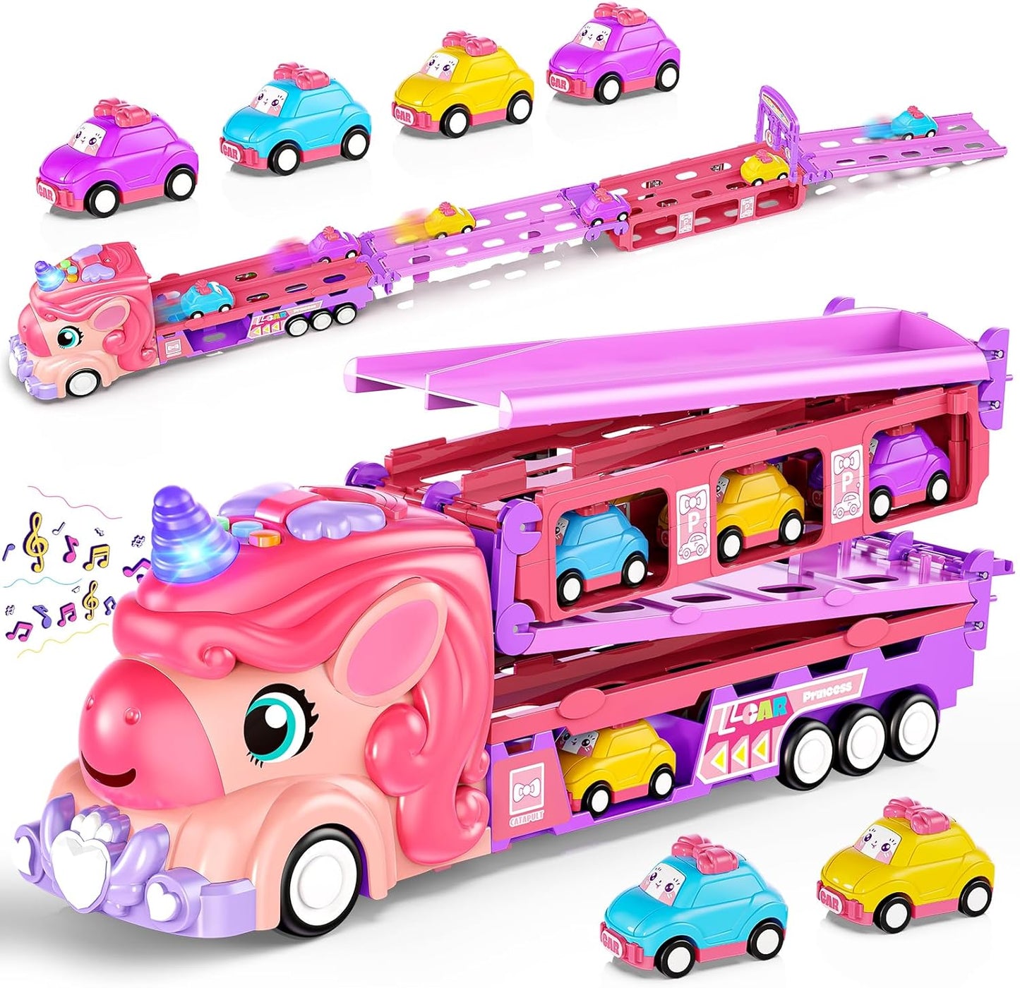 Hot Bee Girls Toy Car Set with Unicorn Toys Truck - 6 Princess Cars & 2-Player Fold Out Track with Light & Sound - Friction Power Car Toys Birthday Gifts for 3, 4, 5, 6, 7 Year Old Toddler Girl