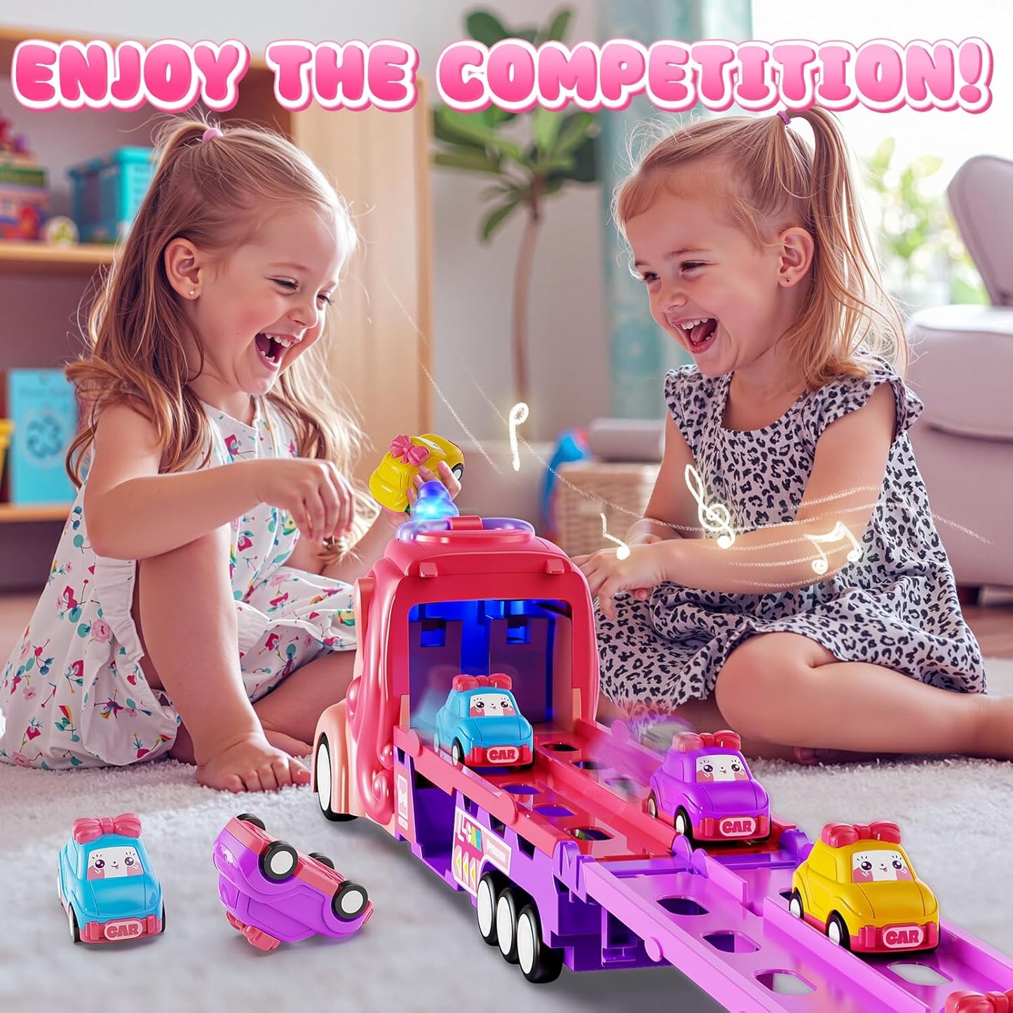 Hot Bee Girls Toy Car Set with Unicorn Toys Truck - 6 Princess Cars & 2-Player Fold Out Track with Light & Sound - Friction Power Car Toys Birthday Gifts for 3, 4, 5, 6, 7 Year Old Toddler Girl