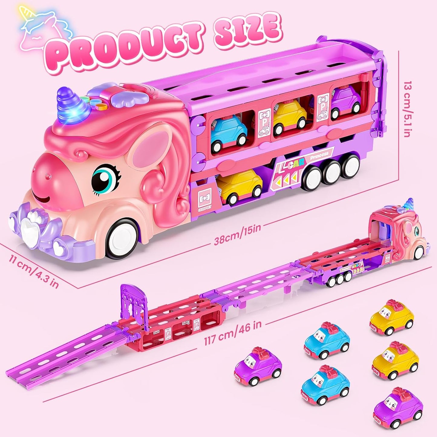 Hot Bee Girls Toy Car Set with Unicorn Toys Truck - 6 Princess Cars & 2-Player Fold Out Track with Light & Sound - Friction Power Car Toys Birthday Gifts for 3, 4, 5, 6, 7 Year Old Toddler Girl