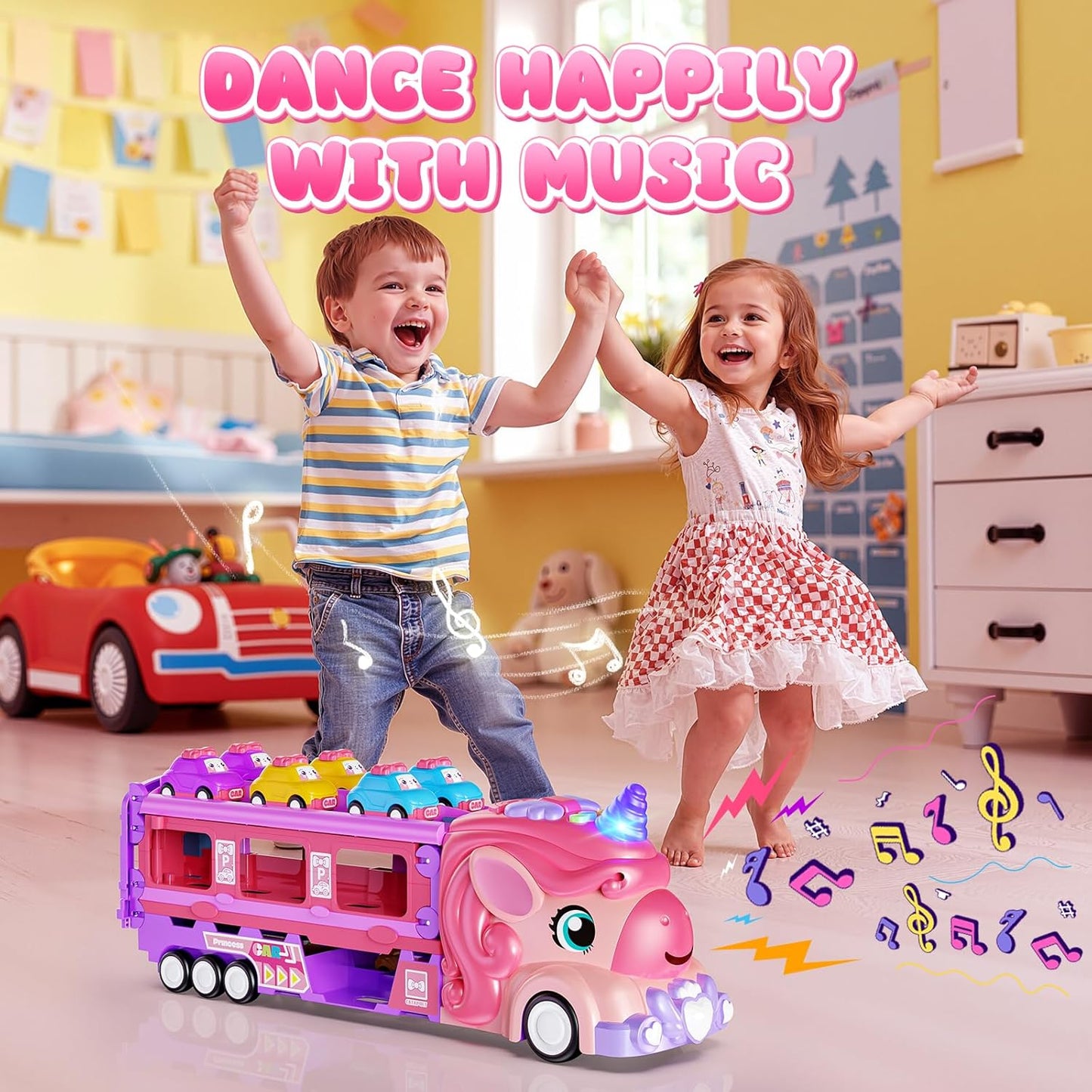 Hot Bee Girls Toy Car Set with Unicorn Toys Truck - 6 Princess Cars & 2-Player Fold Out Track with Light & Sound - Friction Power Car Toys Birthday Gifts for 3, 4, 5, 6, 7 Year Old Toddler Girl