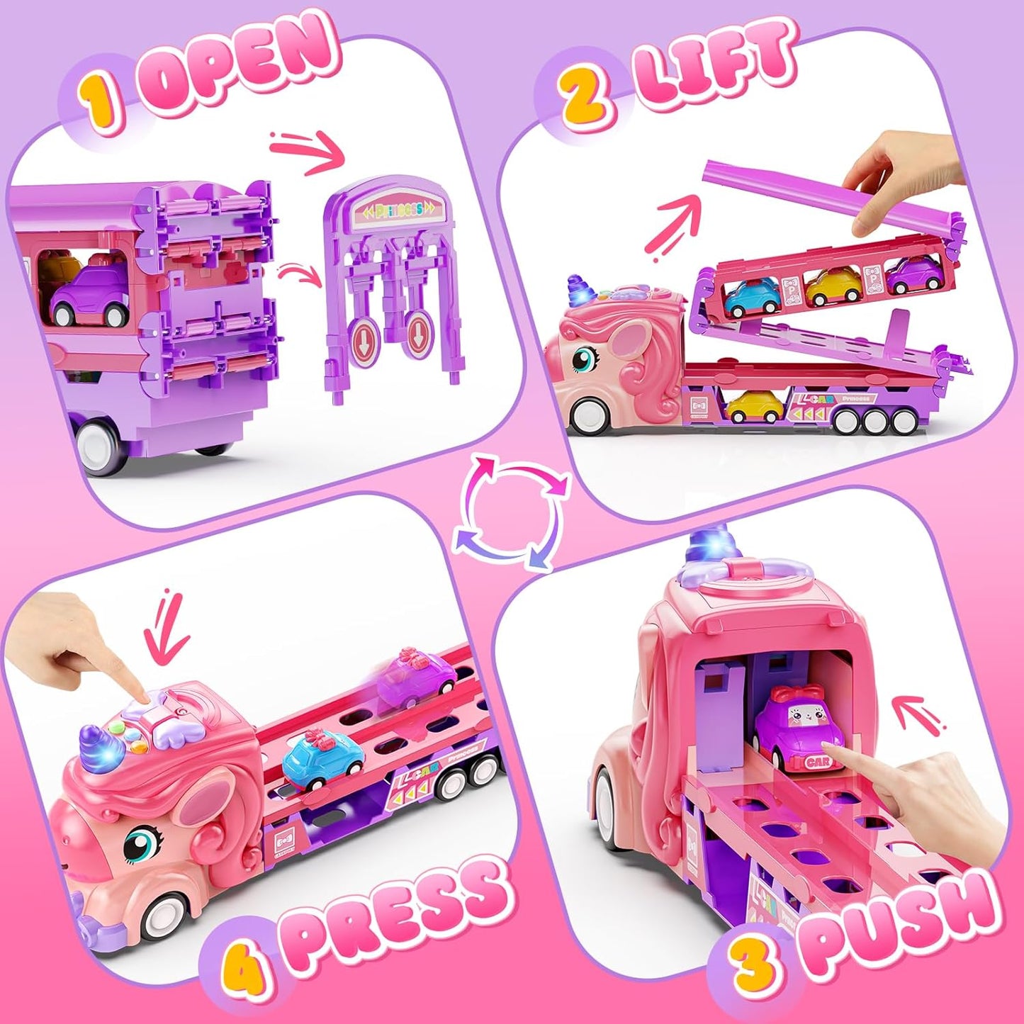 Hot Bee Girls Toy Car Set with Unicorn Toys Truck - 6 Princess Cars & 2-Player Fold Out Track with Light & Sound - Friction Power Car Toys Birthday Gifts for 3, 4, 5, 6, 7 Year Old Toddler Girl
