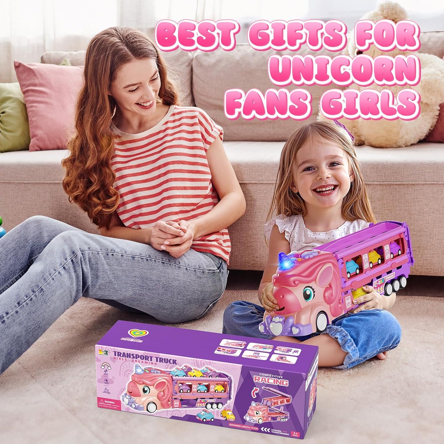 Hot Bee Girls Toy Car Set with Unicorn Toys Truck - 6 Princess Cars & 2-Player Fold Out Track with Light & Sound - Friction Power Car Toys Birthday Gifts for 3, 4, 5, 6, 7 Year Old Toddler Girl