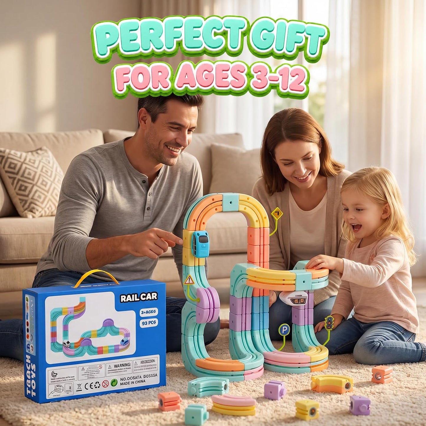 Hot Bee Electric Train Set for Kids, 93pcs Gravity-Defying 3D Train Track | USB Rechargeable Motorized Car, Flexible Snap-On Tracks, STEM Building Toy Birthday Gifts for Boys Girls 3 4 5 6 7 8
