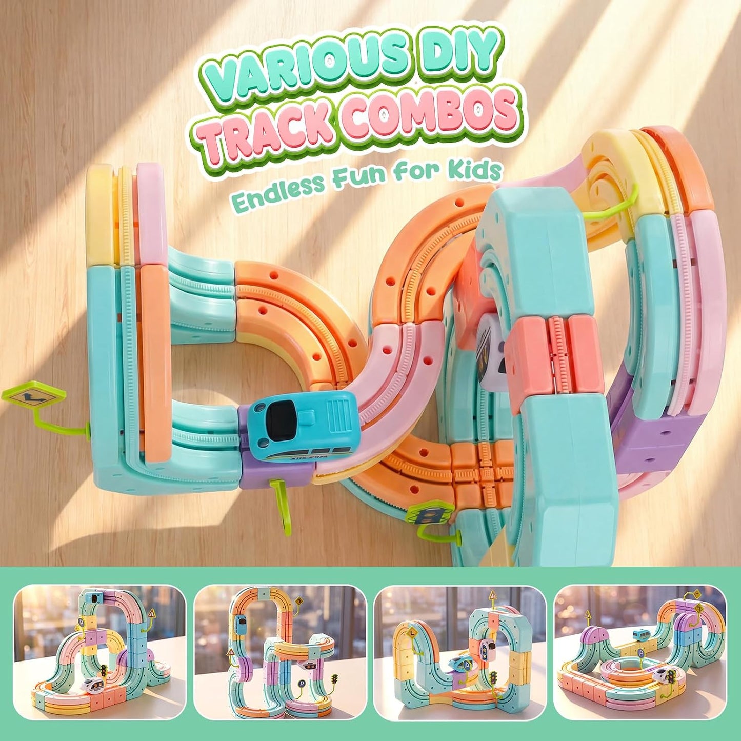Hot Bee Electric Train Set for Kids, 93pcs Gravity-Defying 3D Train Track | USB Rechargeable Motorized Car, Flexible Snap-On Tracks, STEM Building Toy Birthday Gifts for Boys Girls 3 4 5 6 7 8