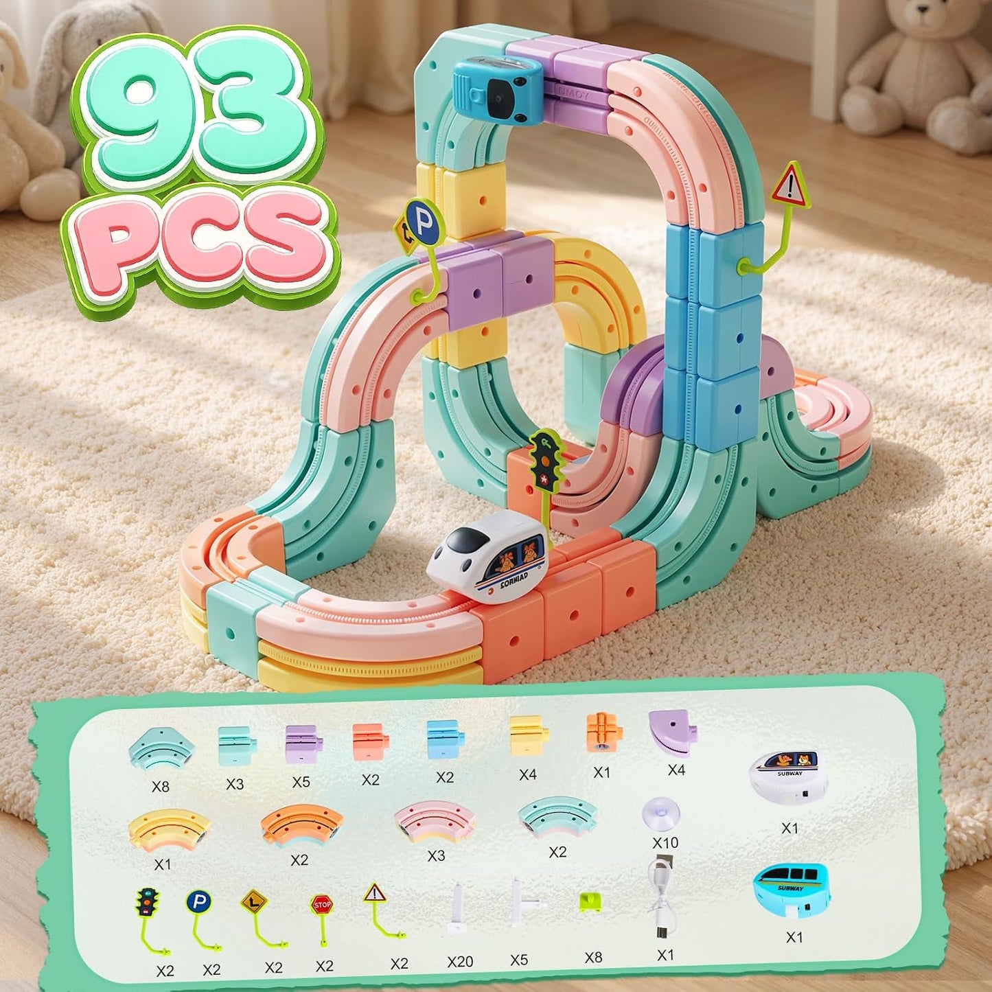 Hot Bee Electric Train Set for Kids, 93pcs Gravity-Defying 3D Train Track | USB Rechargeable Motorized Car, Flexible Snap-On Tracks, STEM Building Toy Birthday Gifts for Boys Girls 3 4 5 6 7 8