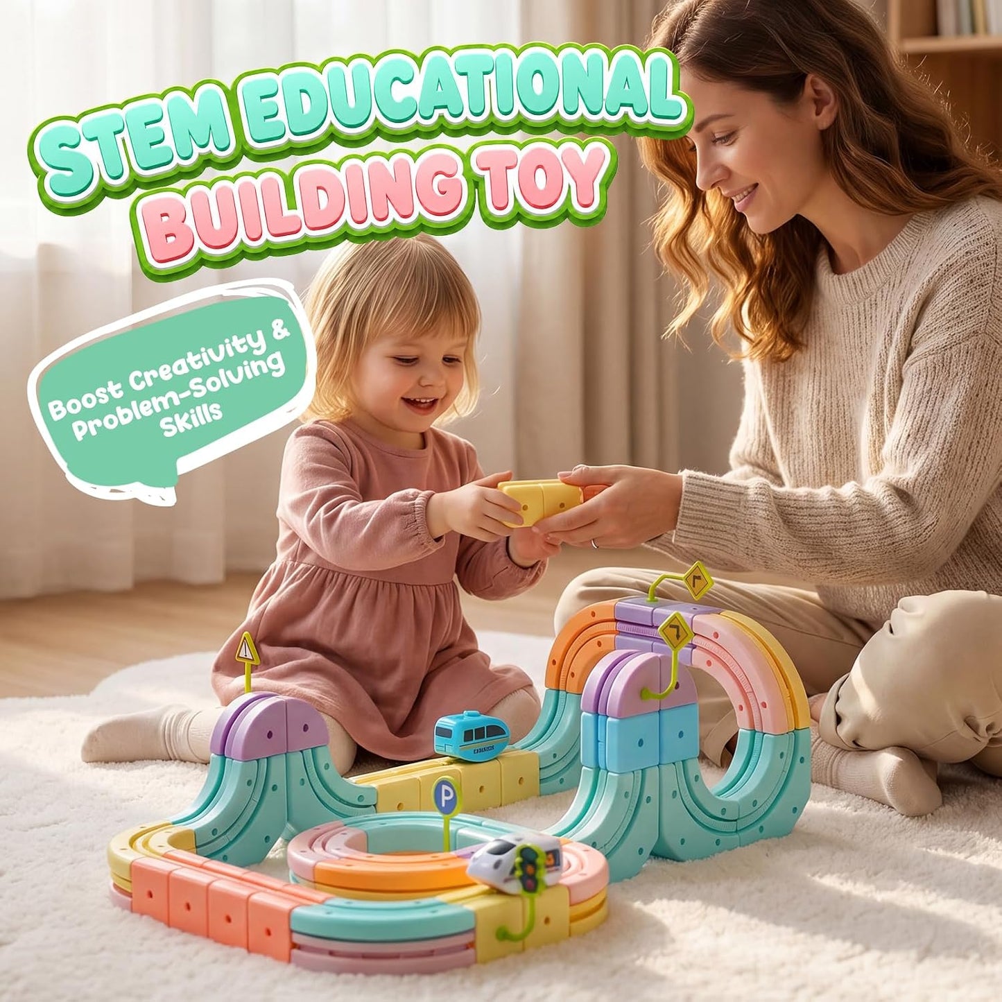 Hot Bee Electric Train Set for Kids, 93pcs Gravity-Defying 3D Train Track | USB Rechargeable Motorized Car, Flexible Snap-On Tracks, STEM Building Toy Birthday Gifts for Boys Girls 3 4 5 6 7 8
