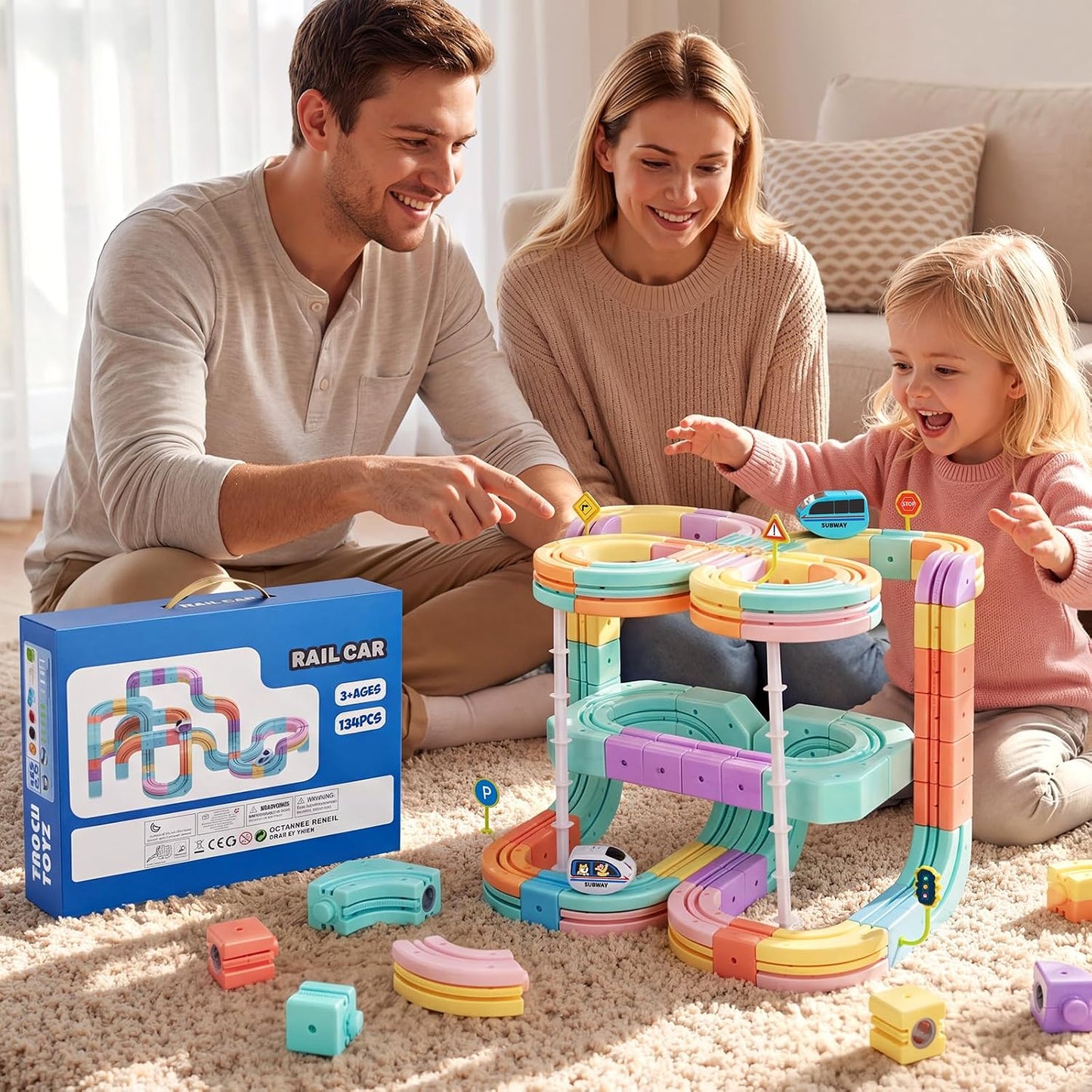Hot Bee Electric Train Set for Kids, 134pcs Gravity-Defying 3D Train Track| USB Rechargeable Motorized Car, Flexible Snap-On Tracks, STEM Building Toy Birthday Gifts for Boys Girls 3 4 5 6 7 8