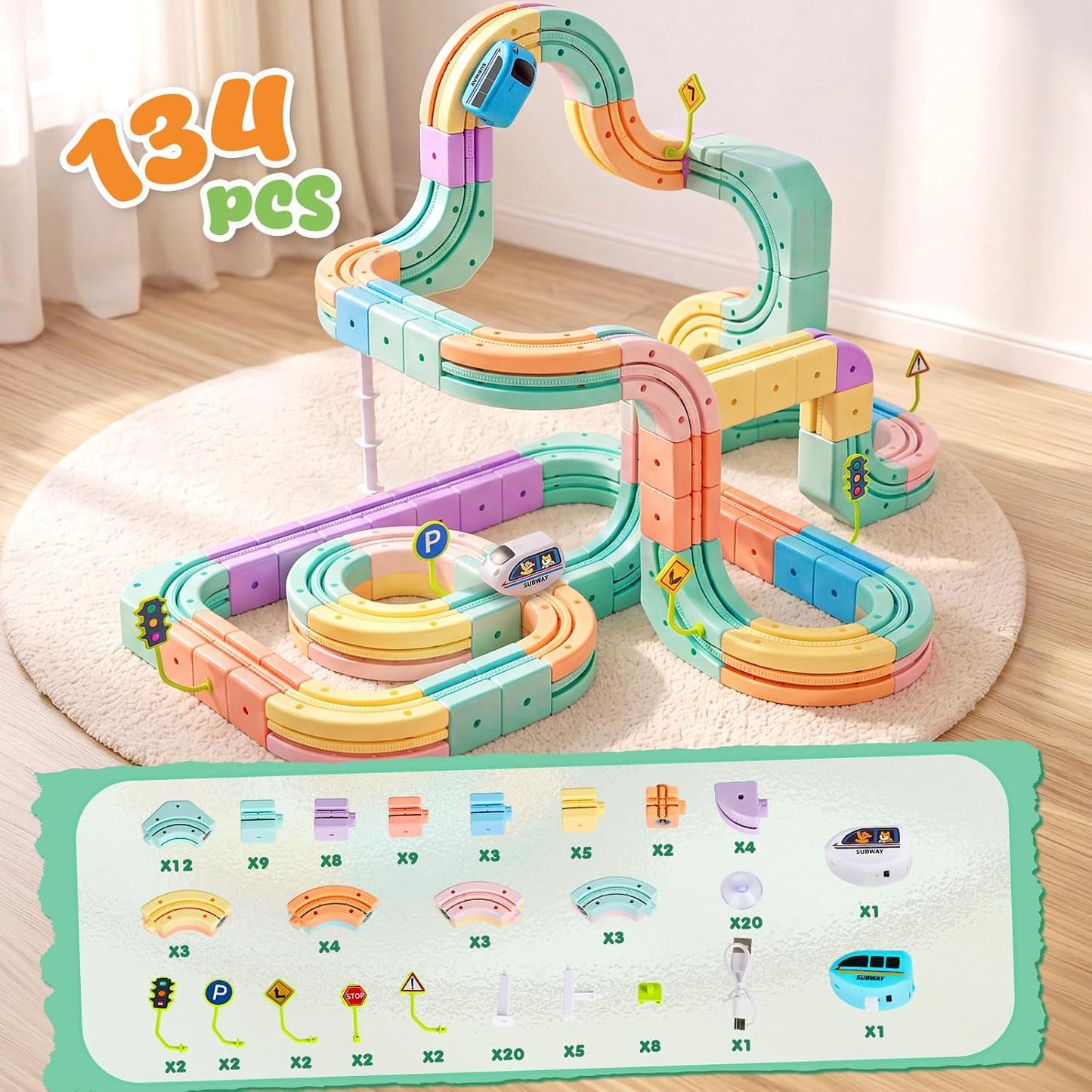 Hot Bee Electric Train Set for Kids, 134pcs Gravity-Defying 3D Train Track| USB Rechargeable Motorized Car, Flexible Snap-On Tracks, STEM Building Toy Birthday Gifts for Boys Girls 3 4 5 6 7 8