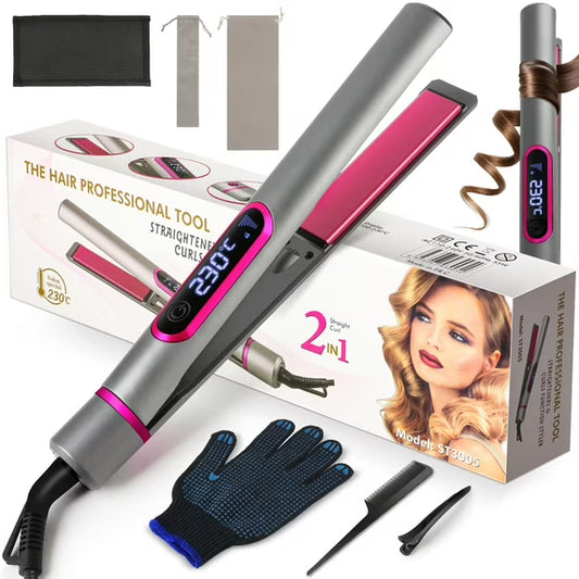 2 in 1 Hair Straightener & Curler with LED Display, 100-230°C Adjustable Temperature, Flat Iron with Lock Plate, 360° Rotating Cord, Heat Resistant Gloves & Anti-scalding Silicone Mat