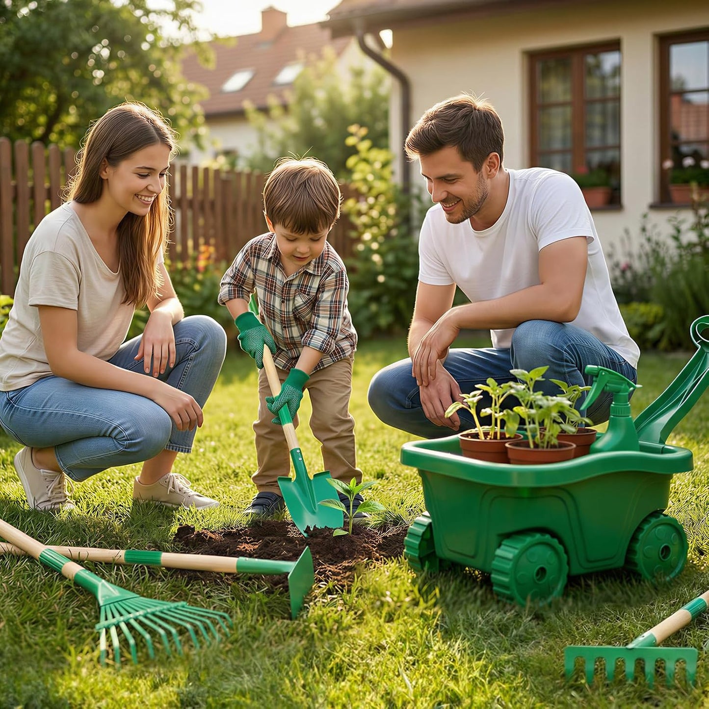 Hot Bee Wheelbarrow for Children, 7-Piece Garden Tool Set, Children's Wheelbarrow with Metal Shovel, Rake, Leaf Rake & Watering Can, All Year Round for Garden, Sandpit & Snow, Outdoor Toy from 3 Years