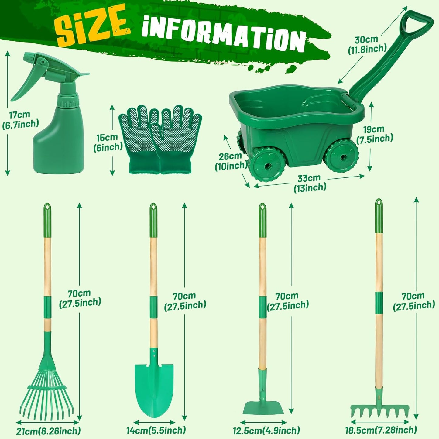 Hot Bee Wheelbarrow for Children, 7-Piece Garden Tool Set, Children's Wheelbarrow with Metal Shovel, Rake, Leaf Rake & Watering Can, All Year Round for Garden, Sandpit & Snow, Outdoor Toy from 3 Years