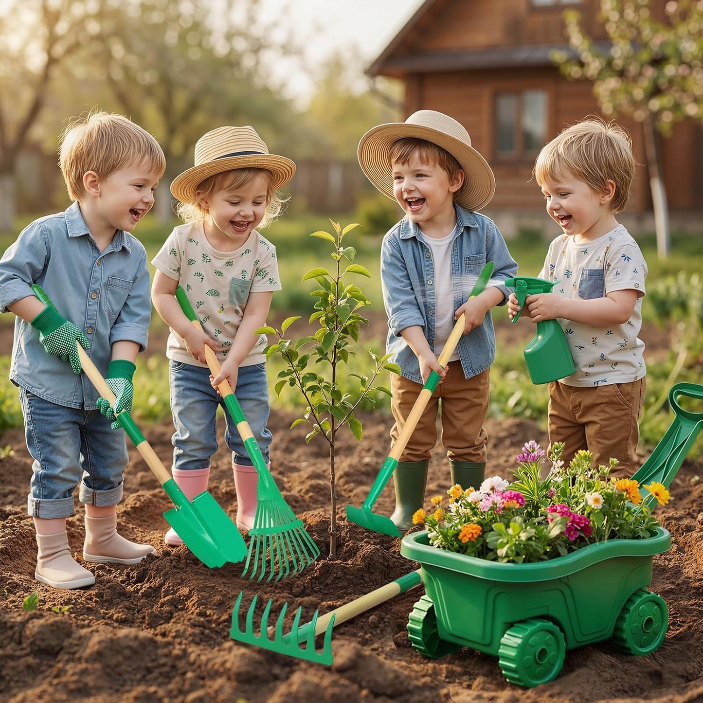 Hot Bee Wheelbarrow for Children, 7-Piece Garden Tool Set, Children's Wheelbarrow with Metal Shovel, Rake, Leaf Rake & Watering Can, All Year Round for Garden, Sandpit & Snow, Outdoor Toy from 3 Years