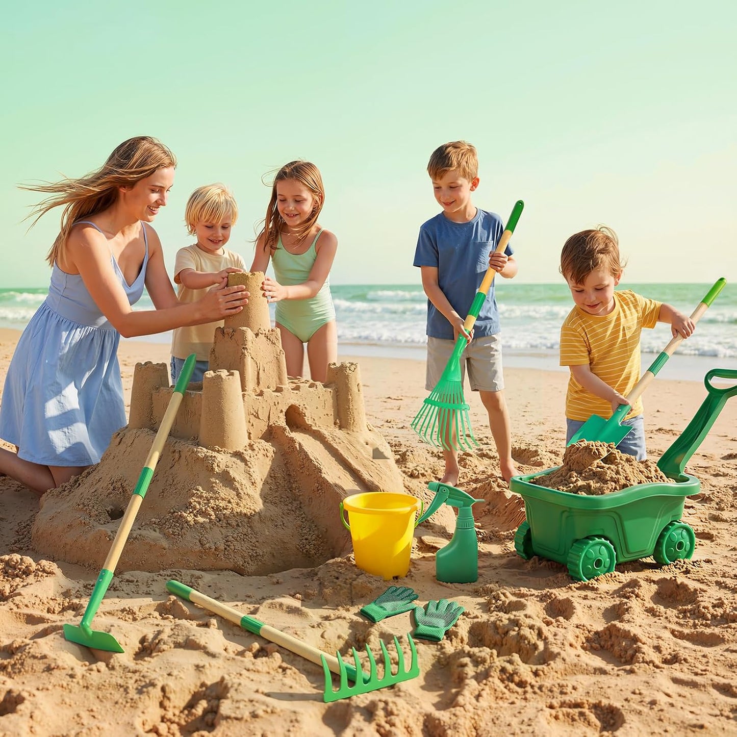 Hot Bee Wheelbarrow for Children, 7-Piece Garden Tool Set, Children's Wheelbarrow with Metal Shovel, Rake, Leaf Rake & Watering Can, All Year Round for Garden, Sandpit & Snow, Outdoor Toy from 3 Years