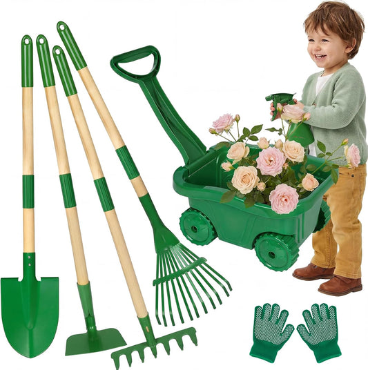 Hot Bee Wheelbarrow for Children, 7-Piece Garden Tool Set, Children's Wheelbarrow with Metal Shovel, Rake, Leaf Rake & Watering Can, All Year Round for Garden, Sandpit & Snow, Outdoor Toy from 3 Years