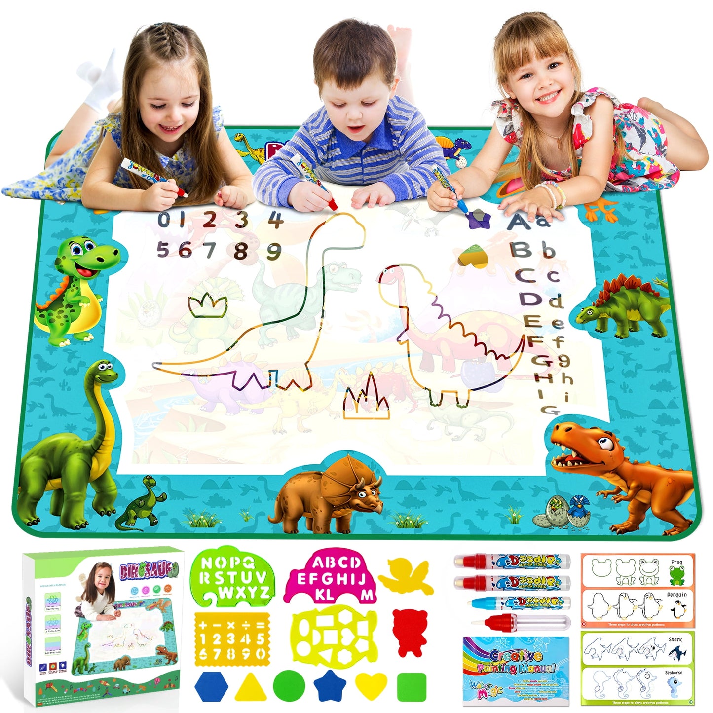 Doodle Mat for Toddlers, Dinosaur Water Drawing Mat, Large Aqua Mat with Magic Color Pen, Educational Learning Toys Christmas Gifts for Girls Boys Age 2-4 5-7, Art Supplies Birthday Gifts