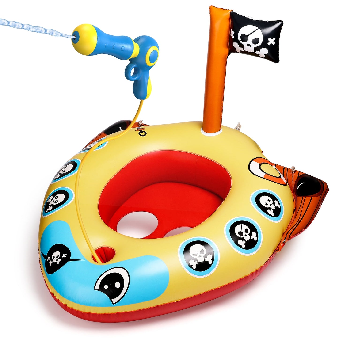 Swimming Ring Pool Floats for Kids with Squirt Gun, Inflatable Ride-on Pirate Boat, Summer Toys Water Floaties for Toddler Boys Girls Aged 3+