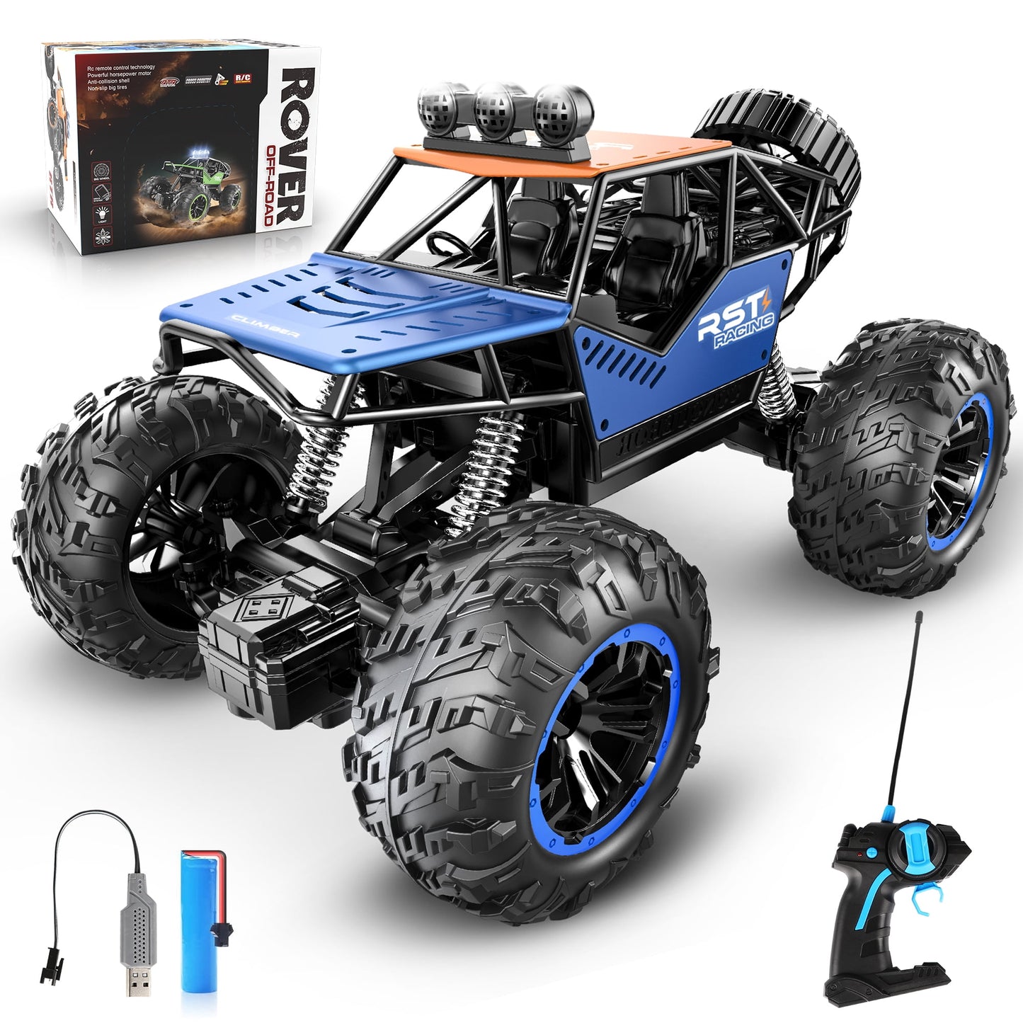 Blue Remote Control Cars 1:18, All Terrain Metal Shell 4X4 Off-Road Vehicle Monster Truck, High Speed 2.4 GHz RC Car Christmas Gift for Kids 6+ & Adults