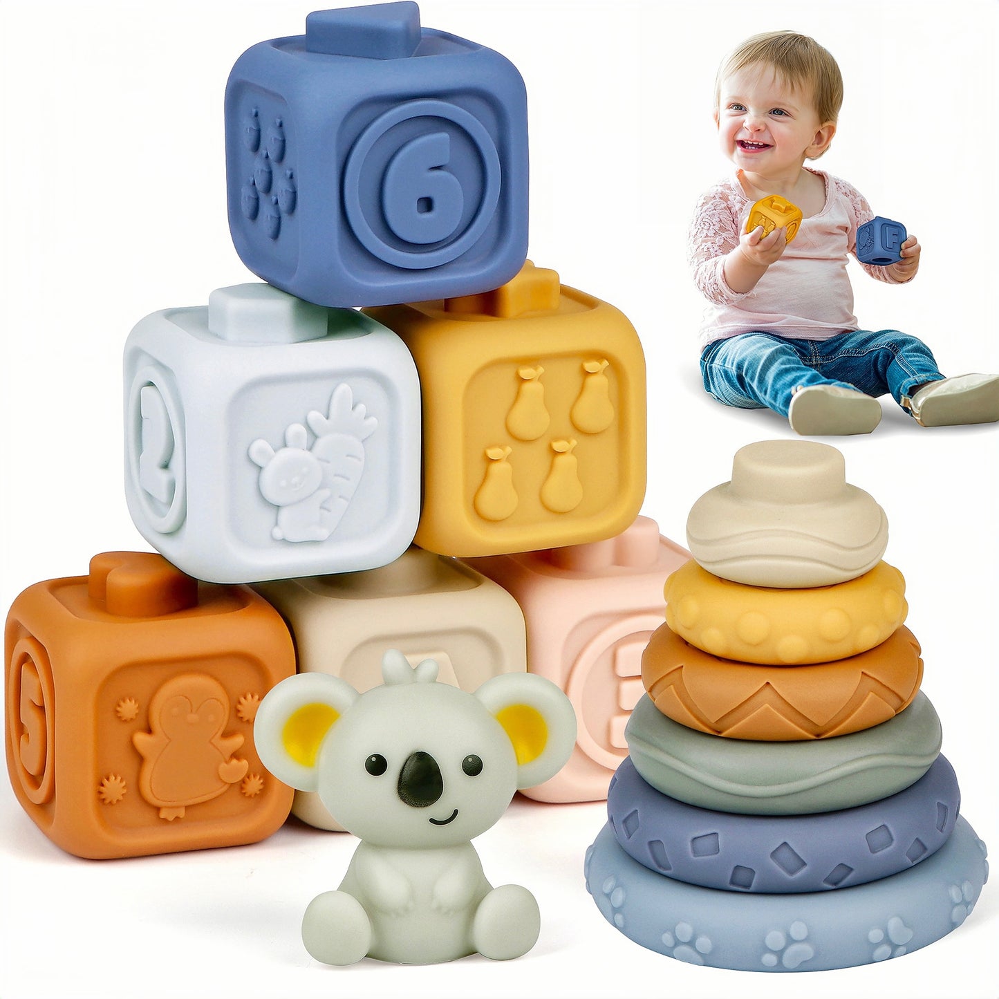 Baby Stacking Blocks for Toddlers, Sensory Soft Stacking Teething Rings, Educational Learning Montessori Toys & Bath Toys for Preschooler 6 Months up, Birthday Gift for Babies