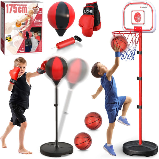 2 in 1 Kids Basketball Hoop&Punching Bag with Stand, Boxing Bag Set with Gloves, 69 Inch Adjustable Height for All Ages, Indoor/Outdoor Sports Game Christmas Gifts Toys for Boys 5-7, 8-11 12+