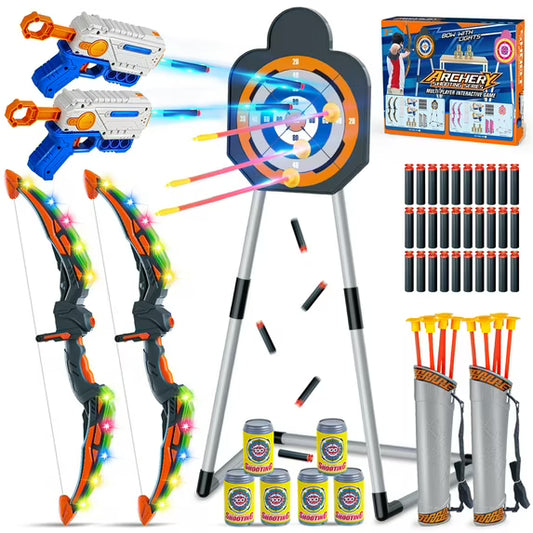 2 in 1 Light-up Archery & Foam Dart Toy Set, 2 LED Bows & 24 Suction Cup Arrows, Bow and Arrow Stanging Shooting Targets Toys, Indoor Outdoor Foam Target Game for Kids Ages 5-12