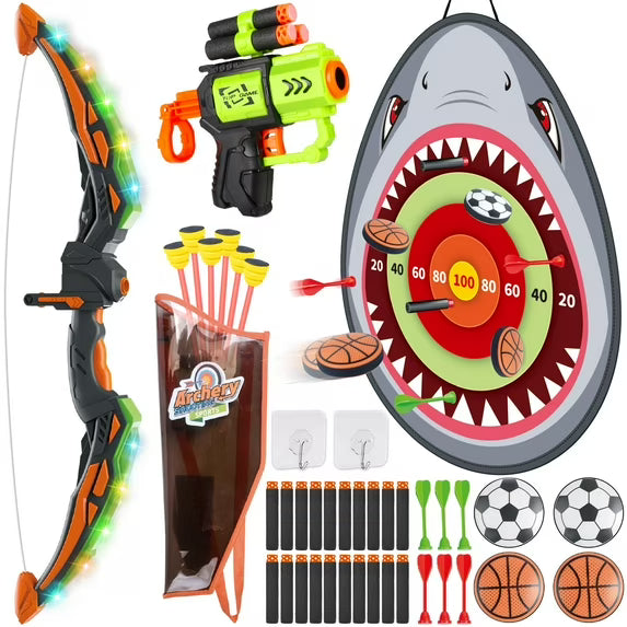 2-in-1 Archery & Foam Blaster Target Set for Kids, Indoor Outdoor Shooting Toys with LED Bow, Sticky Balls, Soft Darts, Gift for Boys Girls Ages 5-8