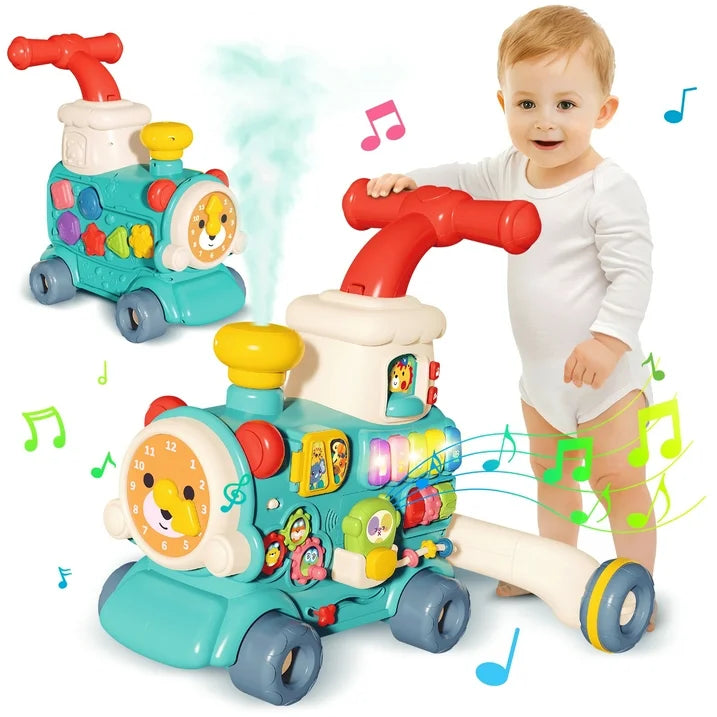 3 in 1 Baby Push Walker, Sit to Stand Baby Walker Steam Train, Montessori Learning Activity Center, Early Learning Toy Gift for Toddler Infant 12 Months+, Blue
