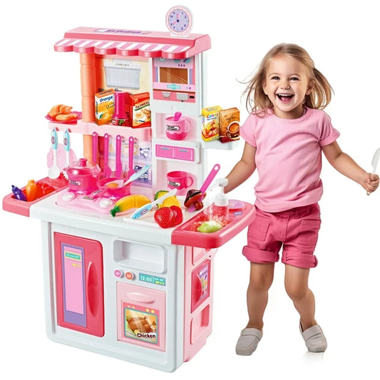 34 inch Pink Toy Play Kitchen Sets for Girls, Christmas Gifts Toys for Girls 3-6 6-8, Pretend Play Toys for Kids w/ Realistic Cooking Sounds&Lights, Pretend Play On Deals