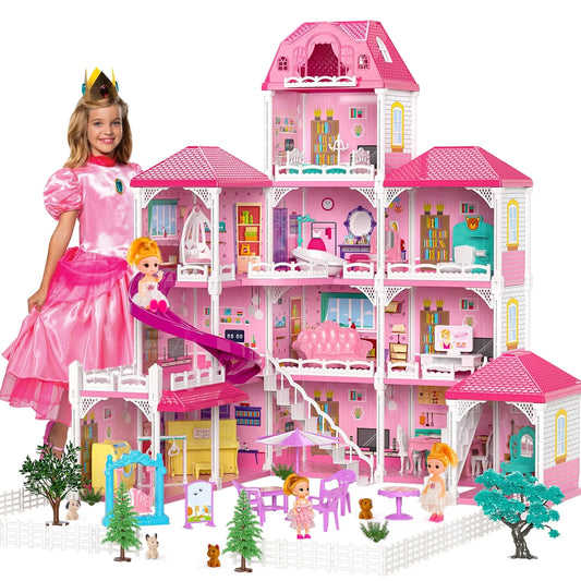 Dollhouse for Girls,4-Story 12 Rooms Playhouse with 2 Dolls Toy Figures,Pretend Dreamhouse with Accessories,Gift Toy for Kids Ages 3 4 5 6