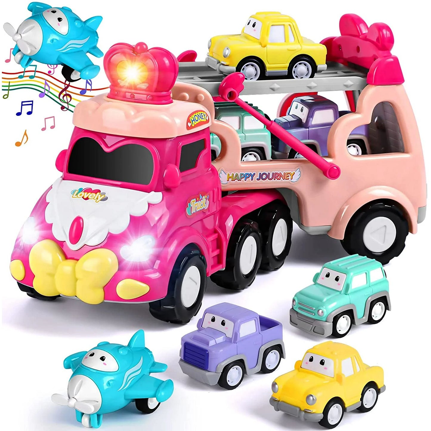 5 in 1 Carrier Car Toy Sets for Kids, Pink Princess Car Toys for Girls Toddlers Kids 2 3+, Child Play Birthday Gifts Christmas Gift Toys for Girls Party Favors