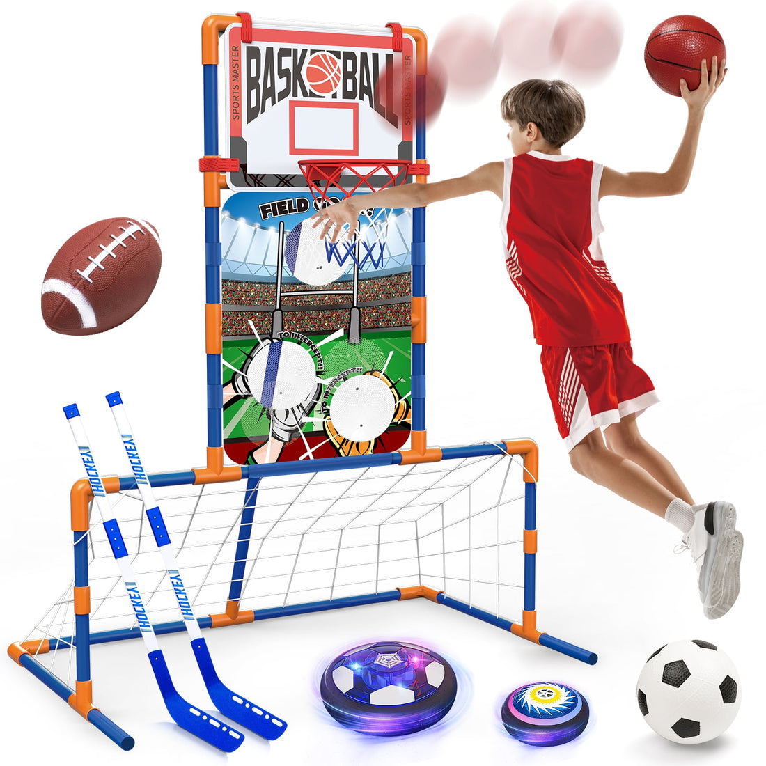 Hot Bee 5 in 1 Sports Center Basketball Hoop,Soccer Goal,Hover Ball,Be
