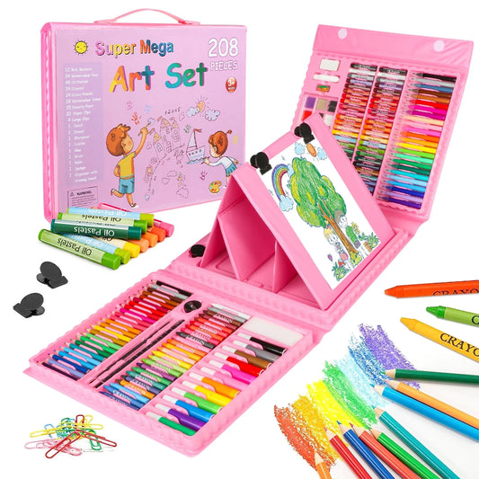 Art Set for Kids, Color Set with 208 Pcs Art Supplies, Pink Coloring Kit for Girls 4-6, Perfect Christmas Gifts Drawing Arts & Crafts Kit for School and Art Beginners 3+