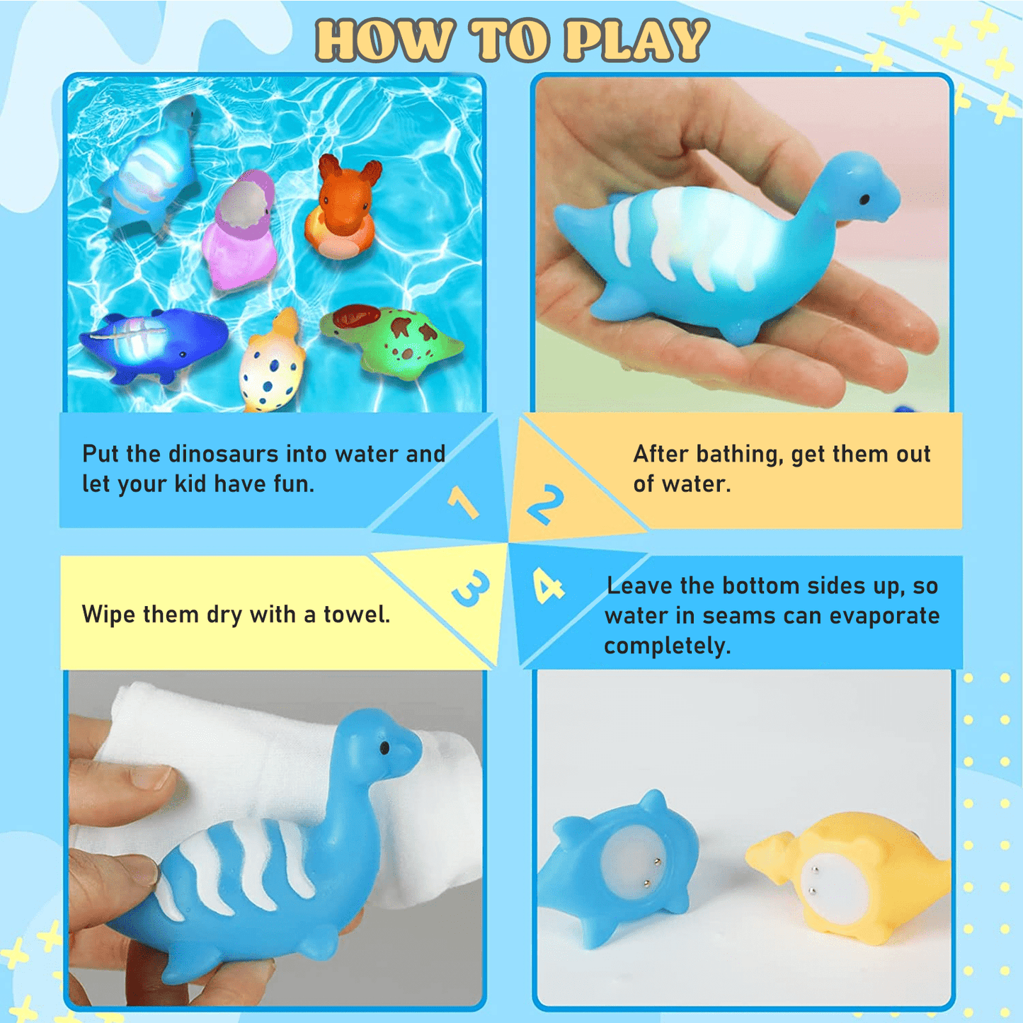 Baby Bath Toys for Toddlers, 6 PCS Dinosaur Mold Free, Light-up Floating Kids Bathtub Summer Beach Swimming Pool Toys for Infants 6 Months up