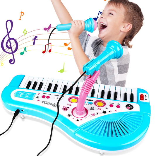 Baby Piano Toys for Kids, Blue Musical Keyboard Instrument with Microphone for Toddlers Boys Girls Christmas Gift Aged 4 5 6+, Musical Birthday Gift for Kids 3+