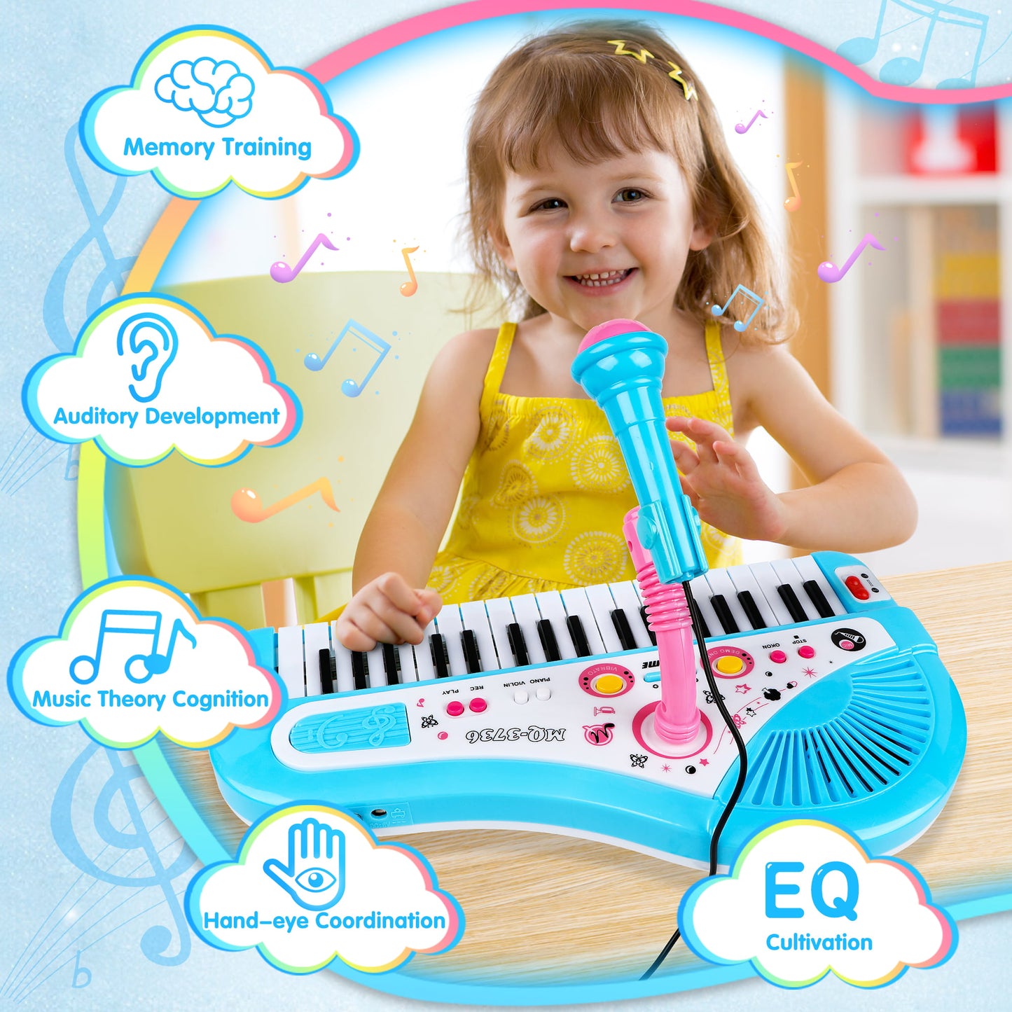 Baby Piano Toys for Kids, Blue Musical Keyboard Instrument with Microphone for Toddlers Boys Girls Christmas Gift Aged 4 5 6+, Musical Birthday Gift for Kids 3+