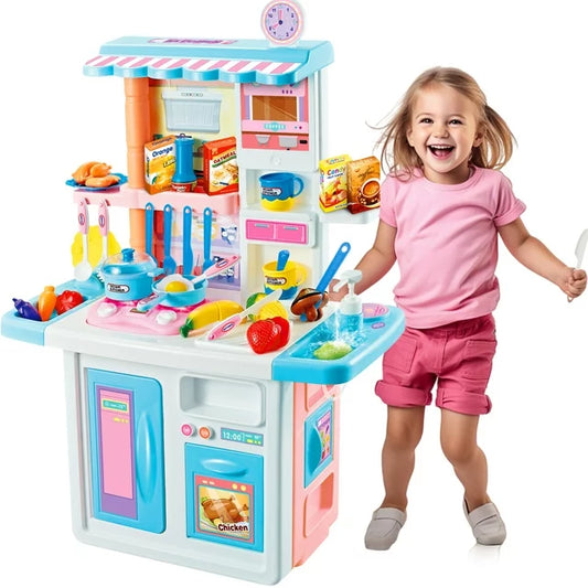 Blue 34 inch Toy Kitchen Sets for Girls Boys, Pretend Play Kitchen Accessories Sets w/ Realistic Cooking Sounds&Lights, Christmas Gifts Toys for Kids 3 4-8
