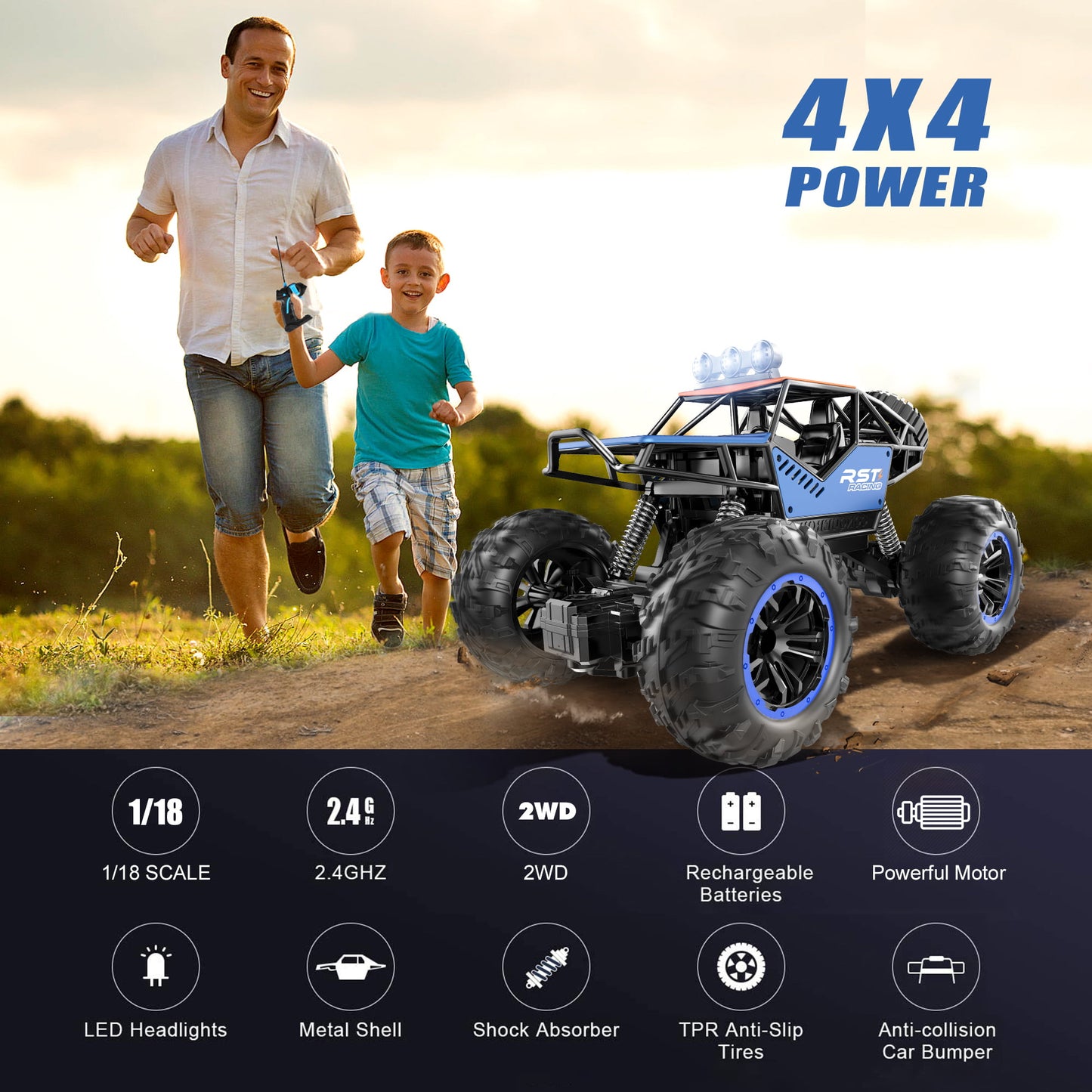 Blue Remote Control Cars 1:18, All Terrain Metal Shell 4X4 Off-Road Vehicle Monster Truck, High Speed 2.4 GHz RC Car Christmas Gift for Kids 6+ & Adults