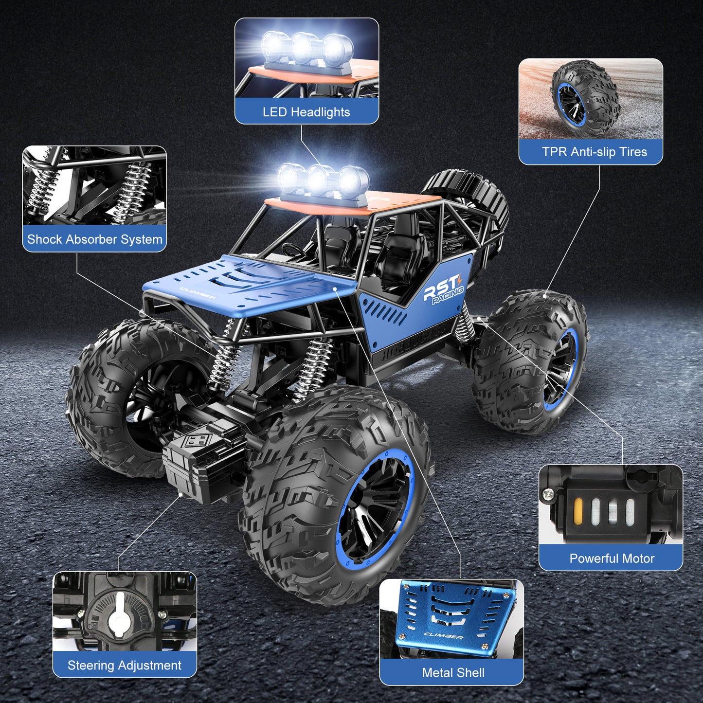 Blue Remote Control Cars 1:18, All Terrain Metal Shell 4X4 Off-Road Vehicle Monster Truck, High Speed 2.4 GHz RC Car Christmas Gift for Kids 6+ & Adults
