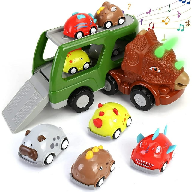 Car Toy for 2 3 4 5 Years Old Boys, with 4 Pack Small Pull Back Dino Truck, Transport Carrier Truck Set Christmas Birthday Gift for 18M+ Kids Toddler
