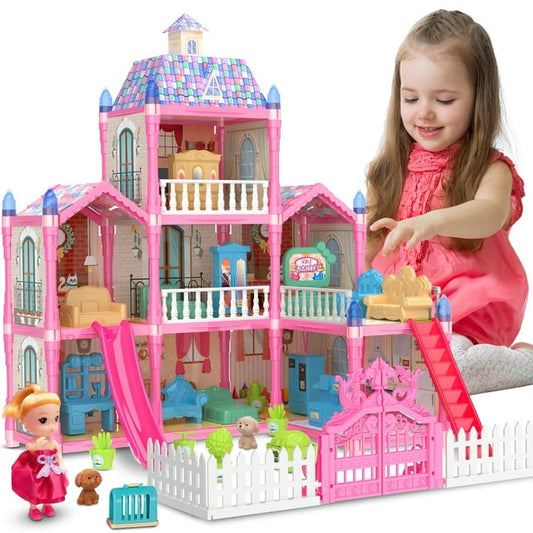 Doll House Girls Toy, 8 Rooms and 1 Balcony Dollhouse Furniture and Accessories with Slide, 191 Pcs, Birthday Christmas Gift for Girls Toddlers Age 3 4 5 6 7 8 9 10