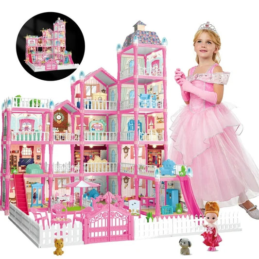 Dollhouse For Toddlers Girls With Lights 14 Rooms Pink Diy Pretend Play Building Playset, Doll House For Kids Girls Age 3+ Gift