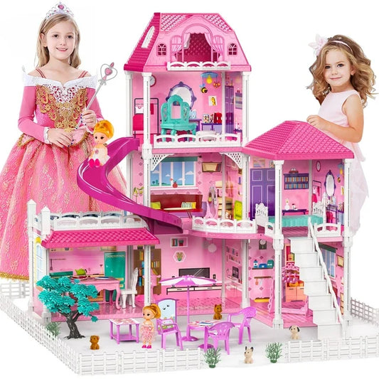 Dollhouse Toys for Girls, 6 Rooms Doll House Furnitures with Slide, Dream House Doll Play for Girls Age 3+