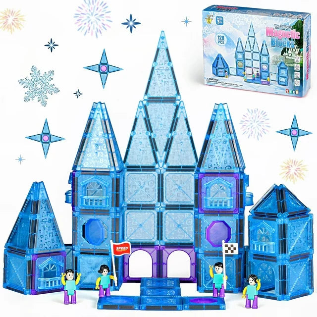 Frozen Magnetic Tiles 128 Pcs for Kids, Princess Castle Toys 3D Building Blocks with 4 Dolls, Educational STEM Learning Toys Christmas Gifts for Girls Boys 3-6 6-8