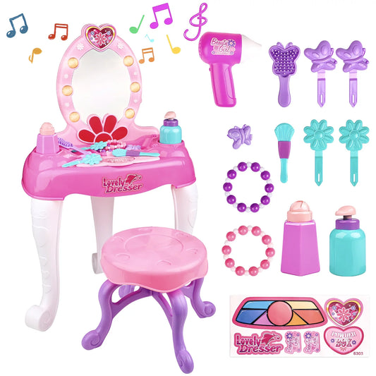 Girls Pretend Play Makeup Toddler Vanity Set, 19 PCS Pink Kids Makeup Table Toy with Mirror&Music, Birthday Christmas Gifts for Little Girls Toys Ages 3-6 Years Old