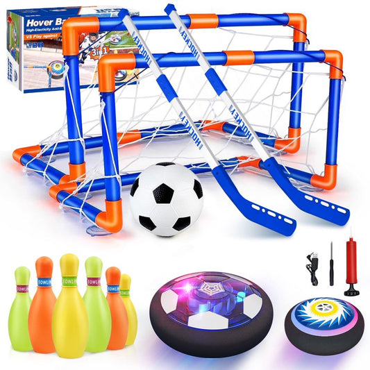 Hover Soccer Ball Set with 2 Goals, 3-in-1 LED Soccer Hockey Bowling Set Indoor/Outdoor Toys Gifts for Kids Boys Girls Ages 3+