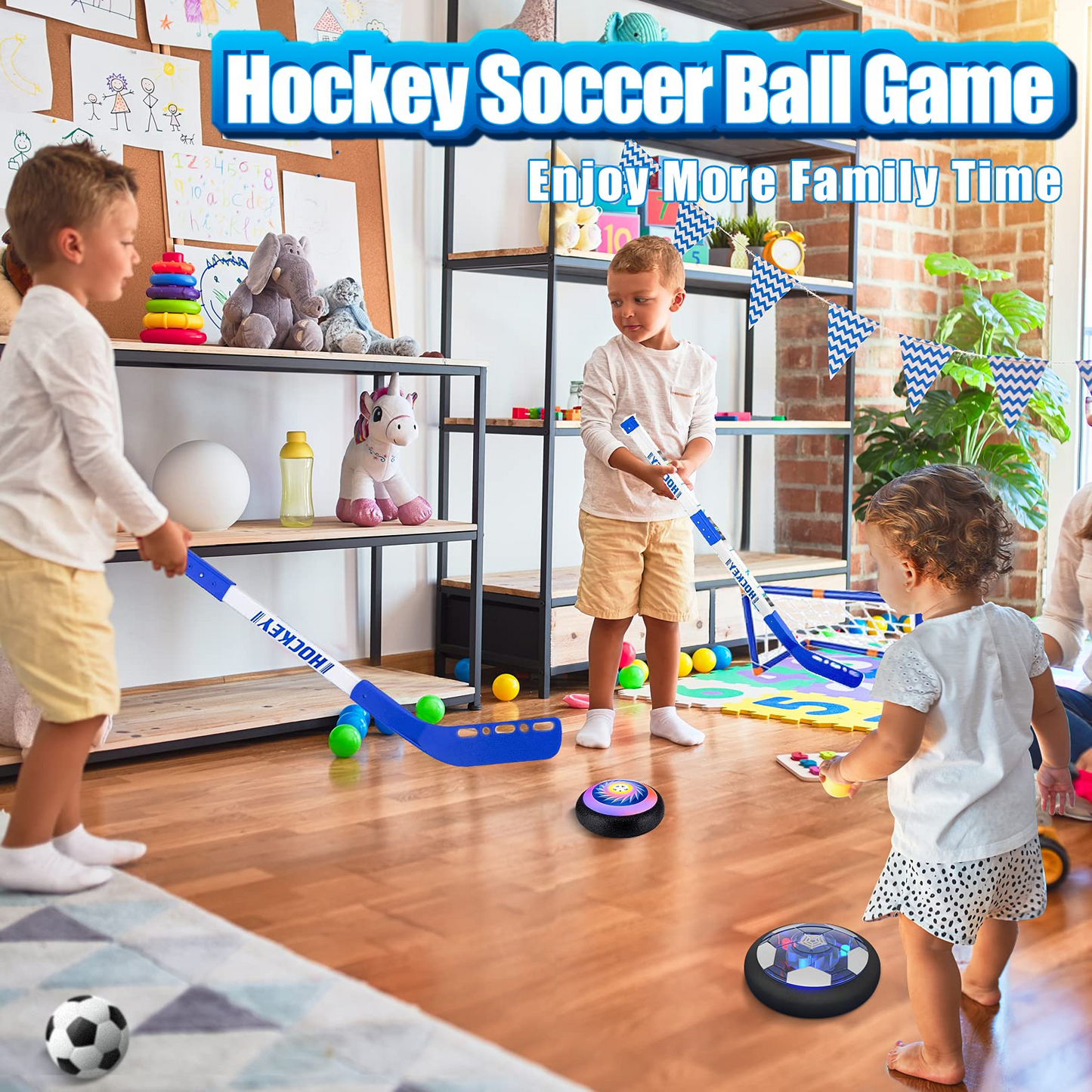 Hover Soccer Hockey Ball Set, 2 in 1 LED Rechargeable Soccer with 2 Goals Indoor/Outdoor Games Toys for Kids Boys Girls Ages 3+
