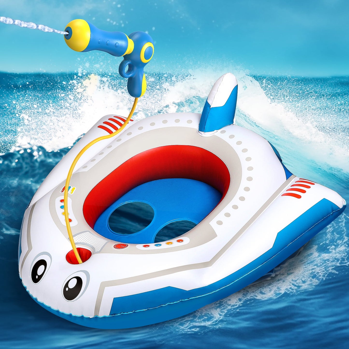 Inflatable Swimming Pool Floats for Kids with Squirt Gun, Ride-on Space Boat, Summer Toys Water Floaties for Toddler Age 3-12