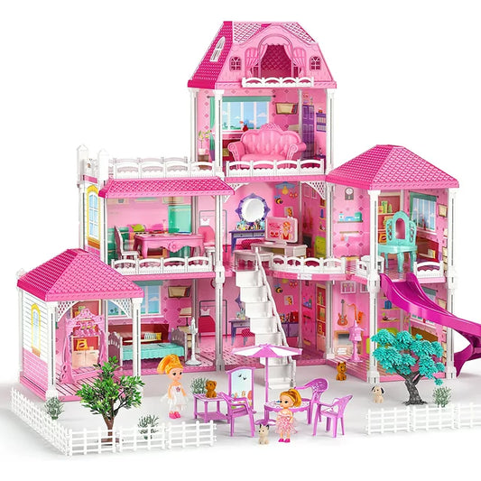 Kids Doll Houses Set for Girls 4-6, Luxurious Dreamhouse Three-Story Villa with Two Dolls, Creative Christmas Gifts for Girls 3 4 5 6 Kids