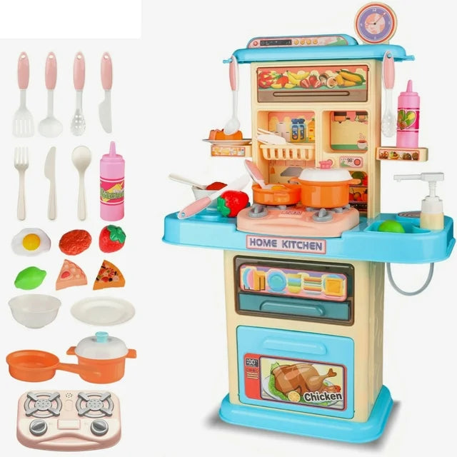 Kids Play Kitchen Set, Kitchen Toys for Girls, with Lights & Sounds, Blue-Pink, Pretend Play Foods for Toddlers Girls Gifts 3-6 Years.
