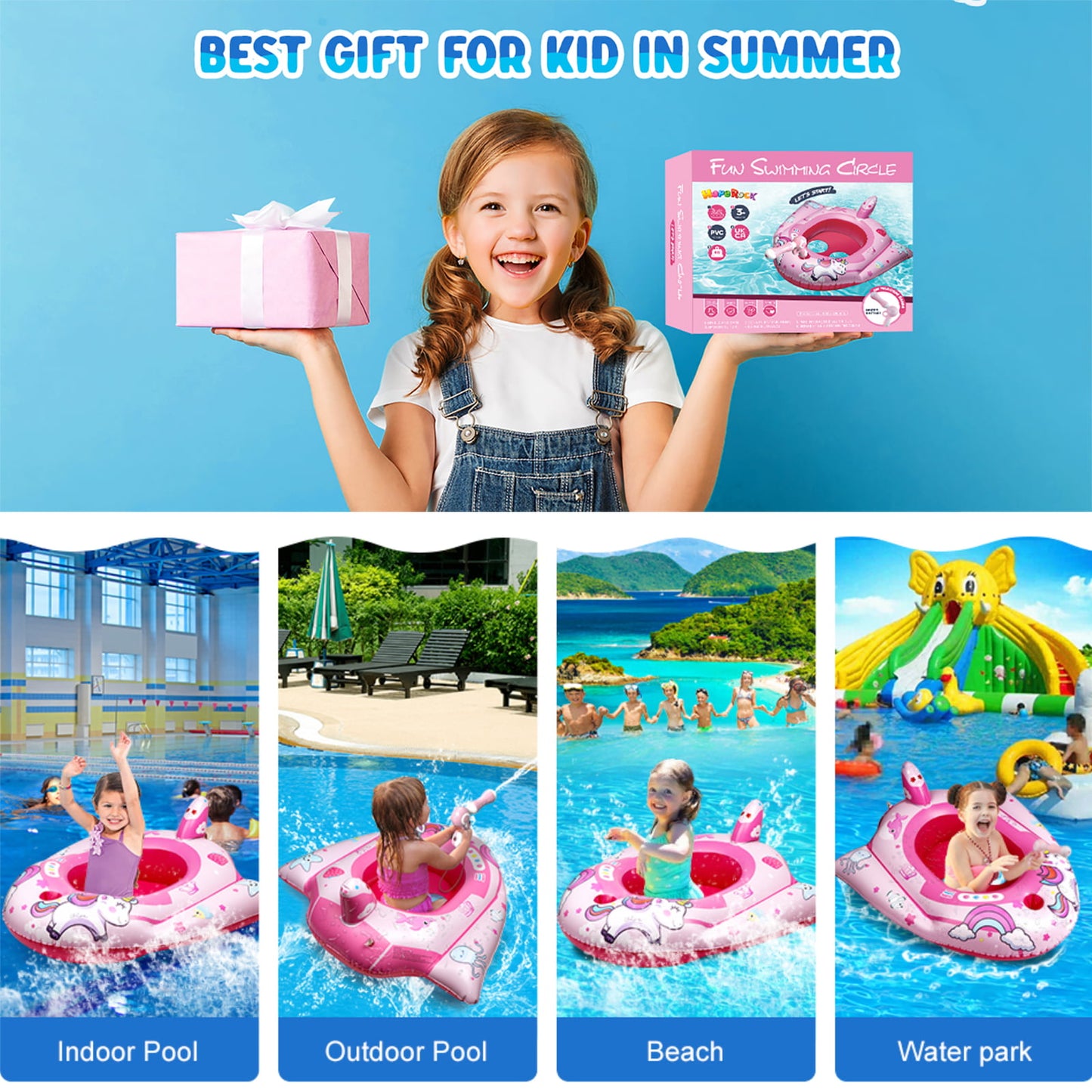 Kids Pool Float with Water Gun, Inflatable Pool Toys for Toddlers, Ride-on Unicorn Swimming Pool Toys for Boys and Girls for Aged 3-8 Years