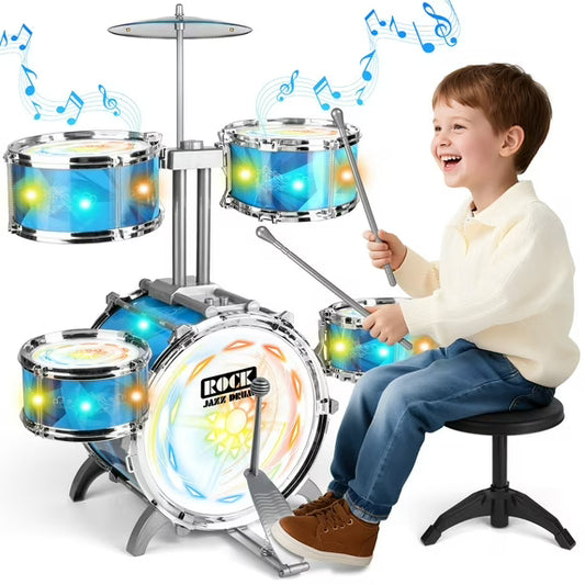Kids Rock Drum Kit for Toddlers, Upgraded Induction Light Jazz Drum Set w/ Stool, Educational Music Beginner Instrument Toy for Boys & Girls Age 3 4 5 6
